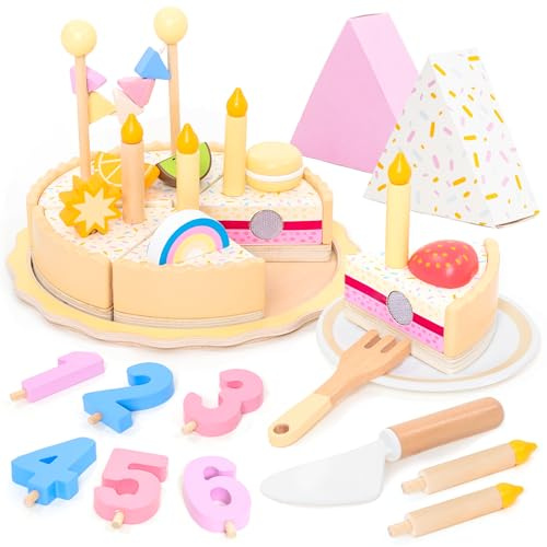 UMU® Pastel de cumpleaños de madera – Juego de tartas con números, velas, frutas y accesorios de cocina de juguete para juegos de rol creativos, cocina infantil de cumpleaños para niñas y niños