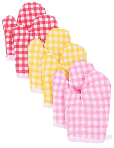 NAMOARLY 3 Pairs Small Oven Mitts for Comfortable Heat Resistant Kitchen Gloves Breathable Cotton Thermal Mittens for Washable Decorative Checkered Oven Gloves for Cooking and Baking