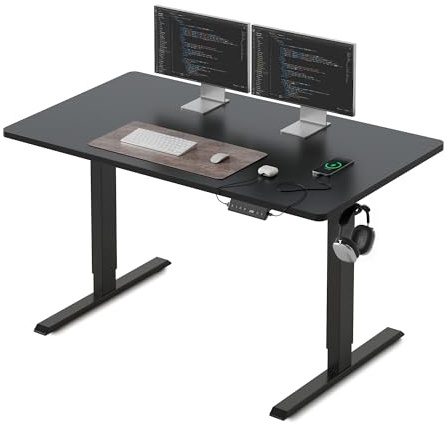 FEZIBO Bureau réglable en Hauteur, Plateau Monobloc, 120 x 60 cm, Bureau Assis Debout avec Ports de Charge USB-A et USB-C, Standing Desk, Noir