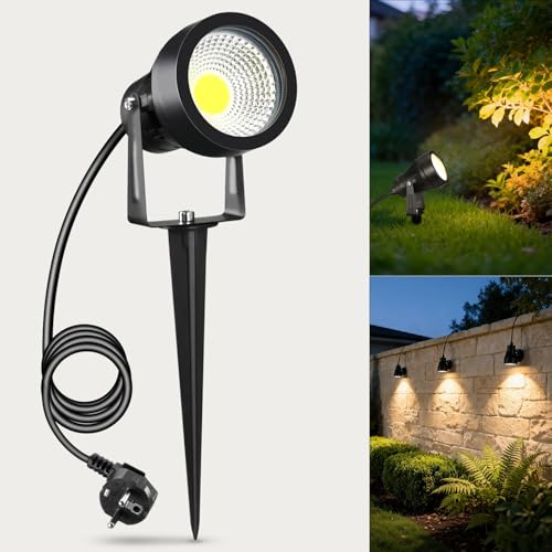 VivaLet Spot LED Extérieur avec Piquet de Terre 7W 700LM, Mini Spot LED avec Alimentation Électrique, Luminaire Exterieur IP65, Projecteur de Jardin 3000K Applicable Terrasses, Plantes, Câble de 2,5M