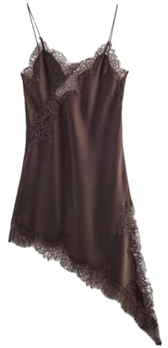 Abito sottoveste da donna in raso con orlo asimmetrico in seta con spalline sottili in seta Y2k spacco laterale senza schienale taglio basso scollo a V, Marrone, L