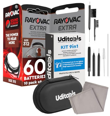 60 Batterie per Apparecchi Acustici Rayovac Misura Extra 312 Sound Fusion Technology + Kit Pulizia Apparecchi Acustici 9in1 Uditools Set Accessori con Spazzole Scovolino Filo Ultra-Slim