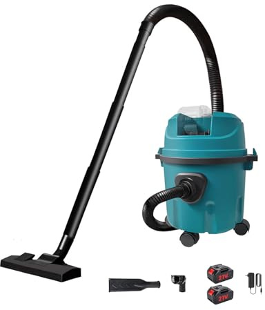 Jowue - Aspirador de 10 l con 2 baterías, húmedo y seco compacto, sistema de drenaje, aspirador y soplador, ligero, compacto, doble función de succión y soplado y kit de accesorios (azul)
