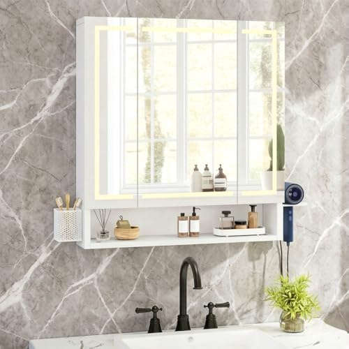 YITAHOME Spiegelschrank Bad LED 3 Türen Steckdose Wandschrank 70cm | LED-Licht für Make-up & Pflege, 2 Steckdosen + 2 USB für Föhn & Zahnbürste, 3 Spiegeltüren mit Stauraum, Beleuchtung