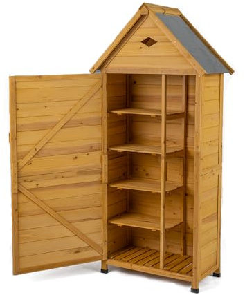 GYMAX Casetta da Giardino, Armadio in Legno con Anta e Scaffali per Porta Attrezzi da Giardino (Stile 4)
