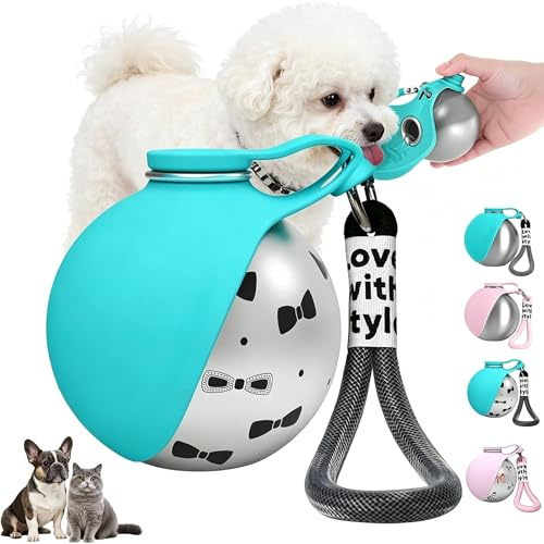 Hunde Trinkflasche to go, 285ml Tragbare Wasserflasche für Hunde und Katzen für unterwegs, Auslaufsicher mit Karabiner, Edelstahl Hundetrinkflasche für Spaziergang & Reisen (Blau mit Aufdruck)