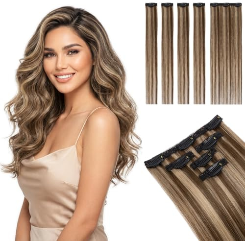 SEGOHAIR Clip in Extensions Echthaar, Glatt Clip Hair Highlights Haarverlängerung Natürlich für Frauen Damen 5-teiliges Set (1 großes Teil + 4 einzelne Clips)#4/27 Mittelbraun/Dunkelblond 25cm 36g
