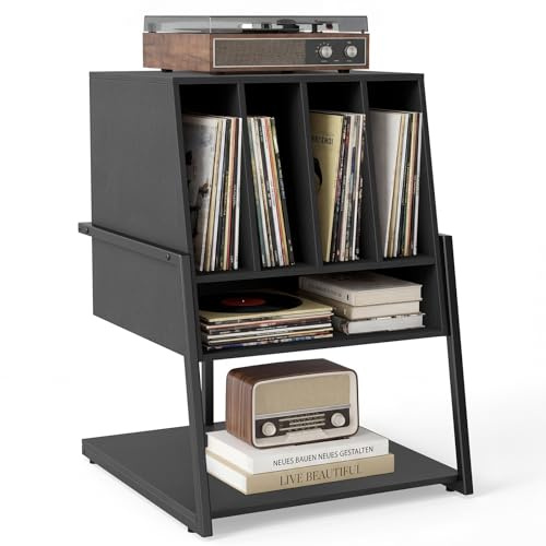COSTWAY Plattenspielerständer, Vinyl Schallplattentisch mit breite Tischplatte, 4 Trennwänden & unteres Regal, Schallplattenständer Holz für Arbeitszimmer und Musikzimmer, 54 x 57 x 76,5 cm