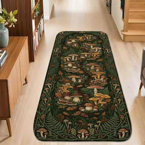 Mushroom Runner Rug, Autumn Nature Fern Leaf Fall Green Low Pile Sponge Home Floor Rectangle Print Carpet for Kitchen Laundry Room Doorway Entryway Decor 2x5 Ft
