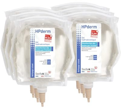 Carton standard de 6 HPderm Gel hydroalcoolique pour la désinfection des mains - Poche souple 1 Litre pour distributeur mural