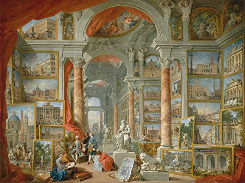 LuxHomeDecor Quadro Stampa su Pannello in Legno MDF Giovanni Paolo Panini Galleria con vedute di Roma Antica Misura 40x30 CM Bordo Noce
