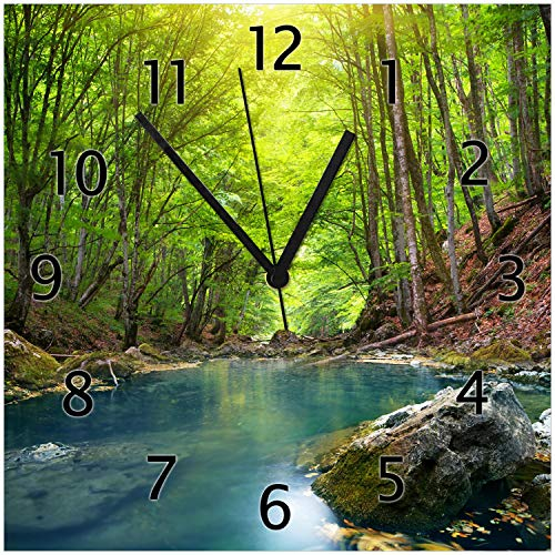 Wallario Design-Wanduhr Klarer See im Wald aus Glas, Motiv-Uhr Größe 30 x 30 cm, Schwarze Zeiger