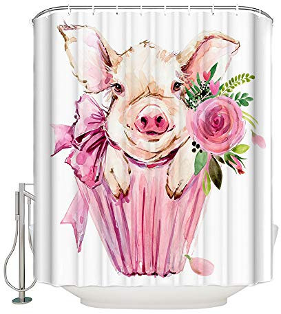 Morbuy Duschvorhang Wasserdicht für Badzimmer, 100% Polyester Anti-Schimmel 3D Tier Modern Drucken mit C-Form 12 Ringe (183x183cm(72 * 72in),Rosa Schwein)