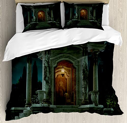 Ambesonne Gothic Duvet Cover Sets, Roman Pavilion Ivy Pillars Dome Medieval Architecture Mystic Theme Print, Bedding Set with 2 Duvet Covers & 2 Pillowcases, 2 Pack Twin Size, Petrol Blue and Orange