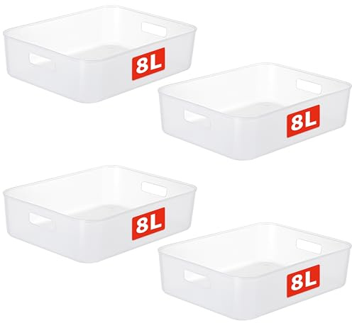 Cetomo 8Lx4 Aufbewahrungskorb, Kunststoff Aufbewahrungskörbe mit Griffen, Stapelbare Organizer Box für Regal, Küchenschrank, Aufbewahrungsbox ohne Deckel, Matt Transparent, 8L-4er Set (35*27*9cm)