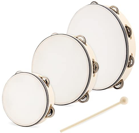 MANCHAP 3 Sizes Wooden Tambourine, Handheld Tambourine, Wooden Hand Drum with Jingle Bells, Percussion Musical Instrument for Rhythm Learning, Performance, 6 Inch, 8 Inch, 10 Inch