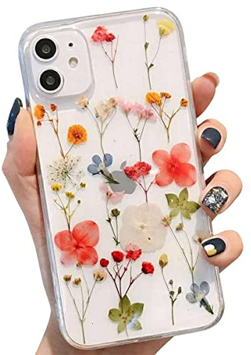 Tybiky Mobilskal för iPhone 13 Mini, äkta blommor, mjukt silikonskal med handgjorda torkade blommor, transparent, ultratunn, odödlig för iPhone 13 Mini., rosa, vit, gul blomma