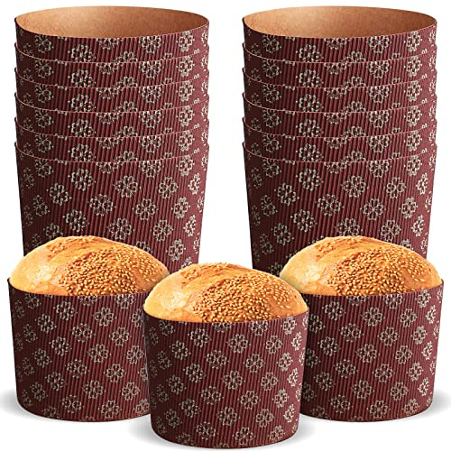 12 oz Easter Panettone Paper Mold- 12 Pcs Paska Bread Forms Easter Panettone Pan Baking Cups Round Bread Baking Molds for Muffin Cupcake Cake 3.5 H x 4.9 W(Flower,Brown)
