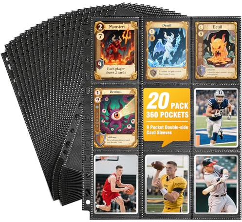 Lot de 360 Pochettes Pour Cartes à Collectionner, Double Face, 9 Poches, Protection Latérale, 11 Trous, Feuilles de Cartes à Collectionner Noires,Pour la carte de jeu Sport Card, Accessoires 20 Pages