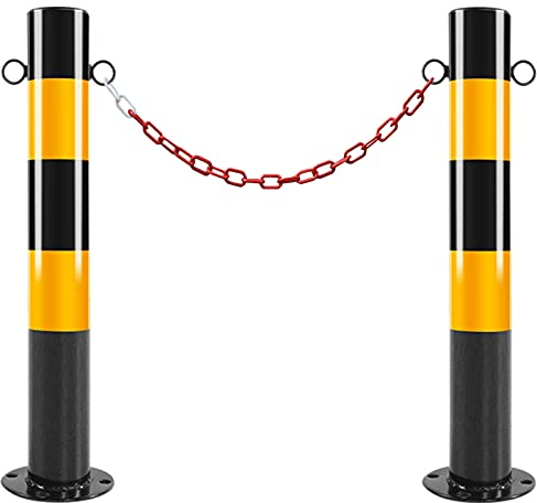2er-Pack Stahl-Parkpfosten für Einfahrten mit 5 m Absperrkette, Feste, reflektierende Säulen-Sicherheitspfosten für den gewerblichen oder privaten Gebrauch (schwarz, 600 x 76 mm)