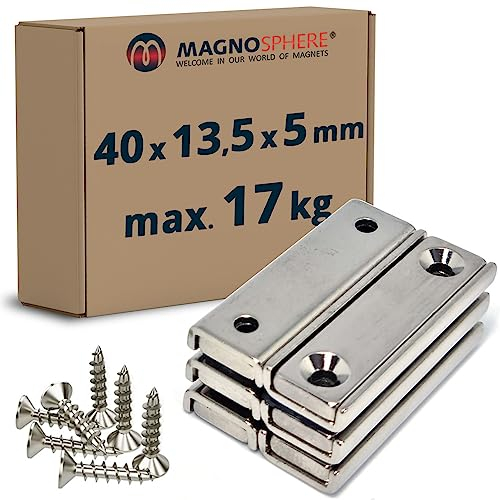 Neodym Magnet zum Anschrauben extra stark - 17 kg - mit Senkbohrung - 6 Stück - Starke Quader-Magnete 40mm lang mit 2x Loch/Bohrung und Senkung für Büro Haushalt Werkstatt (inkl. 12 Schrauben)