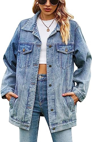 Lazutom Dam mellanlång överdimensionerad denimjacka Button Down pojkvän Jean Biker Coat, BLÅ, XXL