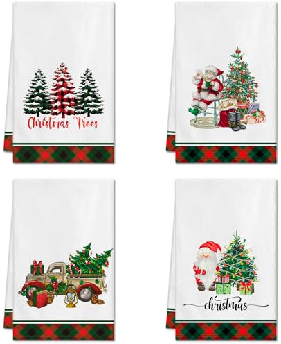 Ohok 4 Stück Weihnachten Handtücher 45x65 cm, Mode Dekoration Küchentücher Weihnachtsmann Geschirrtücher Weiche Mikrofasertücher für Badezimmer Küche Trockentuch Weihnachten Deko (Set P)