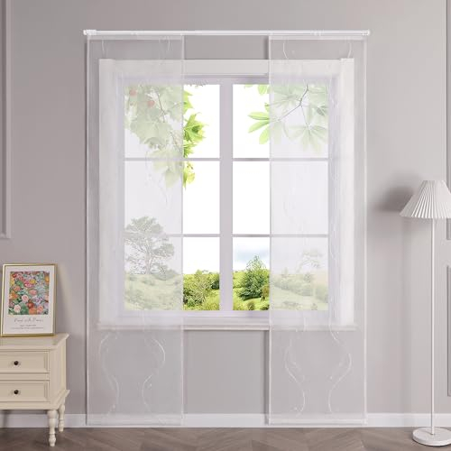 HeichkelL Schiebegardinen mit Klettband Transparent Schiebevorhänge Flächenvorhänge mit Wellen Stickerei 2er Set Gardinenschal Weiß BxH 57x175 cm