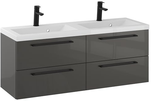 Furni Rosen 120 cm Hängend Doppelt Badezimmerschrank mit 2 Waschbecken und Stilvollen und Mattschwarzen Griffen Waschbeckenunterschrank Badezimmer Waschtisch mit Unterschrank Waschtischunterschrank