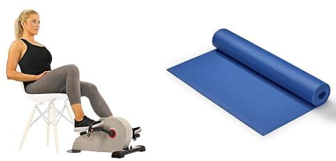 Sunny Health & Fitness Magnetic Under Desk Pedal Exerciser, Dual Function Mini Exercise Cycle Bike + Yoga Mat - Blue