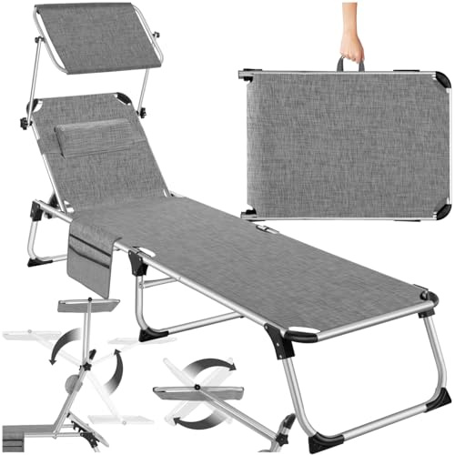 tectake® Solsäng med Tak, Hopfällbar Solstol, Fällstol, Justerbar i 6 Lägen, Lätt Aluminiumram, UV-resistent Tyg, Med Huvudkudde och Solskydd, Robust Trädgårdsstol, Vattenavvisande - Gråmelerad