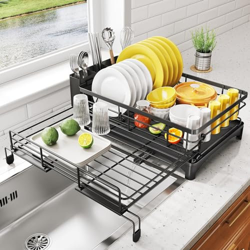 SAYZH Dish Drainer Rack, Expandable Dish Drying Rack with Cutlery Holder and Swivel Drainage Spout, Dish Rack for Kitchen Counter and Sink, Black