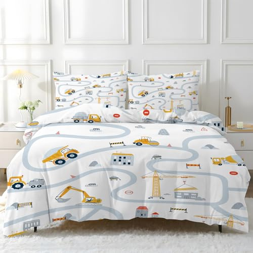 Linfye Bettwäsche 140x200 cm Traktorjunge Bettwäsche-Sets Bettbezug 140x200 Kinderbettwäsche, Weißer Bagger Weich Mikrofaser Bettbezüge 3 Teilig mit Reißverschluss + 2 Kissenbezug 80x80 cm