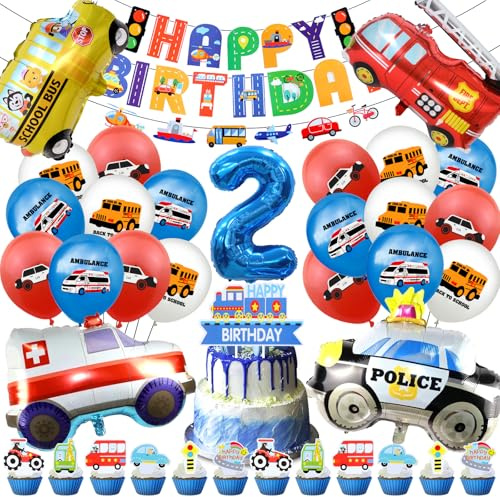 Bildekoration födelsedag 2 år, bilar födelsedagsdekoration för pojkar flickor, 52 st brandfordon lastbil barnfödelsedag dekoration ballong, polisbil motorcykel ballonger helium party dekoration