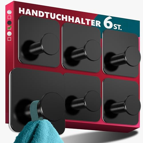 Menz Handtuchhalter ohne Bohren Edelstahl, 6er Set - Wasserfeste Badezimmer Handtuchhalter in Schwarz, moderne Klebehaken fürs Bad, Haken selbstklebend als funktionale Handtuchhaken