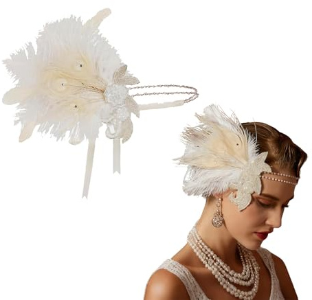 Axvxby 1920er Jahre Damen Stirnbänder - Vintage Rhinestone Haarband, Gatsby Kostümzubehör, Pfauenfeder Vintage Haarbänder - Mardi Gras Party, Maskeradedekorationen (Weiß, Durchschnittsgröße)