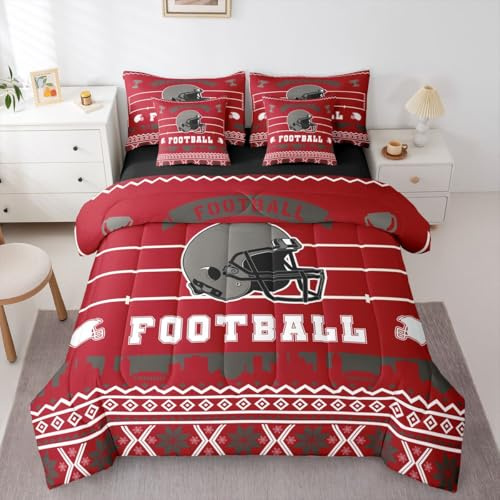 Erosebridal Football City 7 Pieces Bedding Set Queen Size,Rugby Sports Lover Bed in a Bag,Football Helmet Bed Set Includes Comforter,Sheet Set,Pillowcases & Pillow Covers,Red Khaki Bedroom Decor