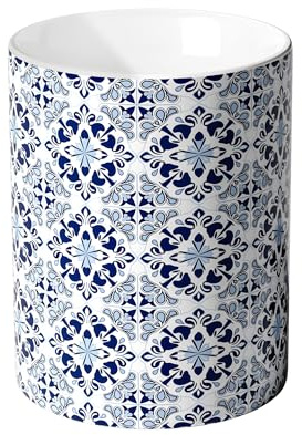 Taxenxar White and Blue Ceramic Kitchen Utensil Holder for Countertop, Decorative Cooking Utensil Holder, Spatula Holder, Kitchen Decor, Large Utensil Crock, Mediterranean Floral Pattern