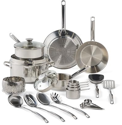 T-fal GOURMET Edelstahl Kochgeschirr Set - 20-teiliges Küchenutensilien, Induktionskompatibel, spülmaschinenfest, ofenfest bis 250 °C, langlebige Töpfe und Pfannen mit Dampfgarer für vielseitiges