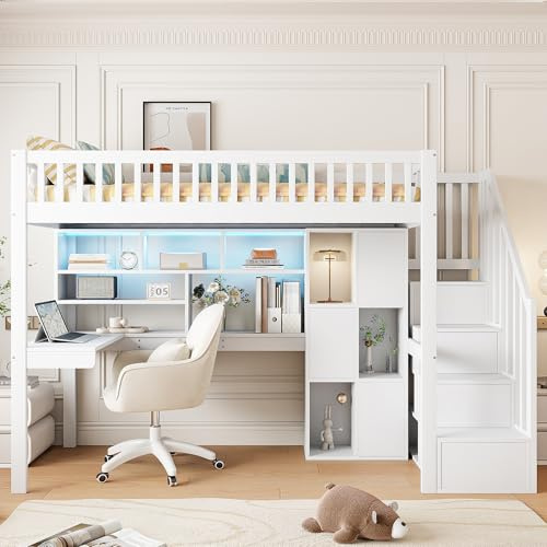 Moimhear Hochbett, 140x200cm, Mit LED-Leuchten, Ablageleiter, Regale, Ablagefächer, Schreibtisch, Kiefernholz+MDF+Plywood, Geeignet für Kinder und Jugendliche (Weiß (90x200cm))