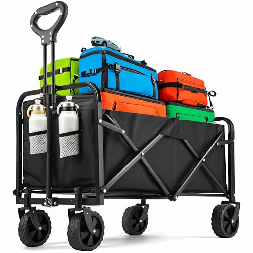 Bollerwagen Faltbar, 100L Faltbarer Bollerwagen mit 360° Schwenkbaren All-Terrain-Rädern, Verstellbarem Griff, 2 Netztaschen, 75 kg Belastbar, Handwagen für Strand Camping Wanderung Einkauf (Schwarz)