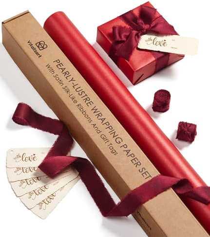 Vitalizart 76 cm x 5 m Rotes Geschenkpapier mit Burgunderrot Geschenkband | Geschenkpapier Set mit Geschenkanhänger Recycelbar, Perlglanz Papierrolle für Weihnachten Geburtstag Hochzeit Geschenk