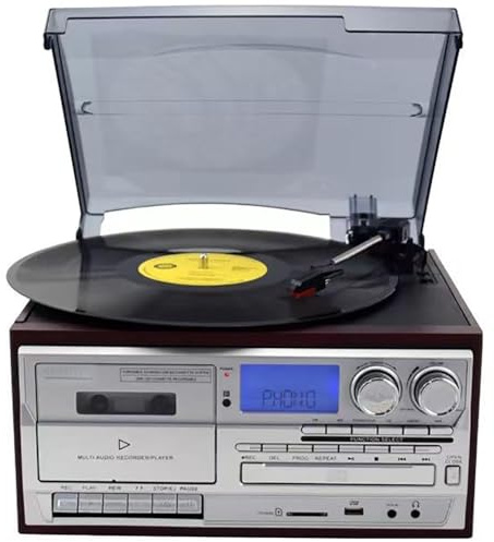Reproductor de Discos de Vinilo - Tocadiscos Bluetooth de 3 Velocidades con Reproducción de CD/Casete, Radio AM/FM, Grabador USB, Entrada Aux/Salida de Línea RCA