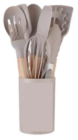Set de utensilios de cocina incluye 12 piezas hechas de silicona y madera. (Beige)