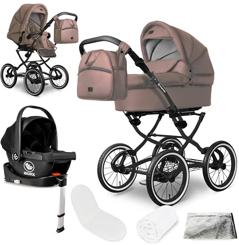 Bergsteiger Venedig Nostalgie Kombikinderwagen 4-in-1 – Babywanne, Sportsitz, i-Size Babyschale & Isofix-Station, Luftreifen, höhenverstellbar, faltbar, Zubehör