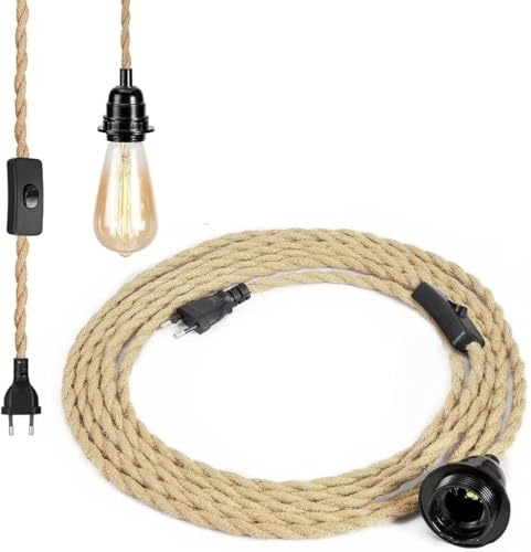 LOANLIUT Lampenfassung E27 mit Kabel 4.5m mit Schraubbeutel und Bakelithaken,Vintage Hanfseillampenfassung mit Kabel und Stecker,Diy E27 Fassung für Wohnzimmer Küche Bar, Bis 210°C Hitzebeständig