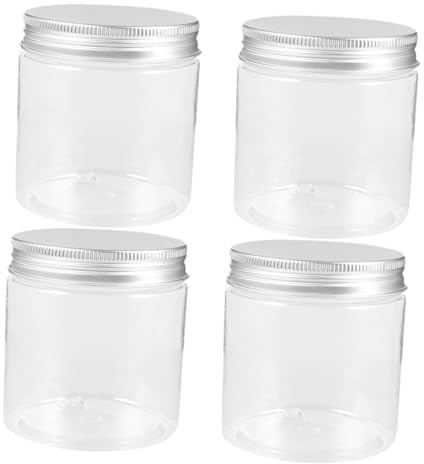 LOORGVEL Frasco de Boca Ancha 250ml, Plástico y Aluminio, 4 Piezas | Transparente, Cierre Hermético, Formato Portátil, Uso Multifuncional, para Cocina, Especias y Cosméticos