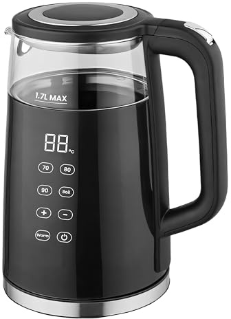 Retoo Glas Wasserkocher 1.7L mit Temperatureinstellung Elektrisch, 2200W, BPA-frei, 70–100°C, Touch-Display, Warmhaltefunktion, Leise & Sicher, Ideal für Tee, Kaffee & Küche, Schwarz-Silber