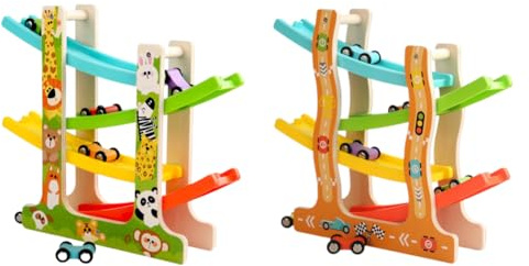 Jouet de Piste de Course de Voitures en Bois avec 6 Mini Voitures, Toboggan à 4 Niveaux et Design créatif pour l'apprentissage et Le Plaisir des Enfants
