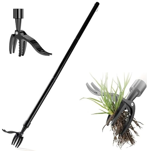 Aoveew Manual Weed Puller Tool - Stand Up Weeder with 4-Claw Head & 3-Section Long Handle, Permanently Remove Dandelions with Roots, No Bending for Seniors, Lawn & Garden Tool